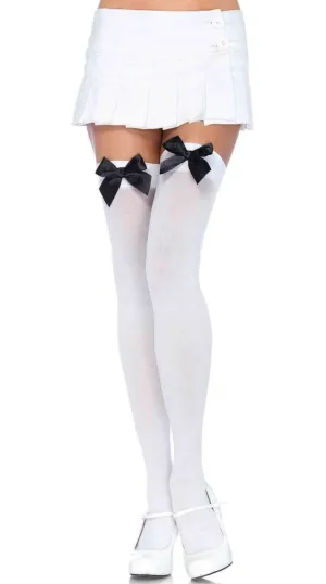 Thigh High White Opaque Stockings with Black Bows
