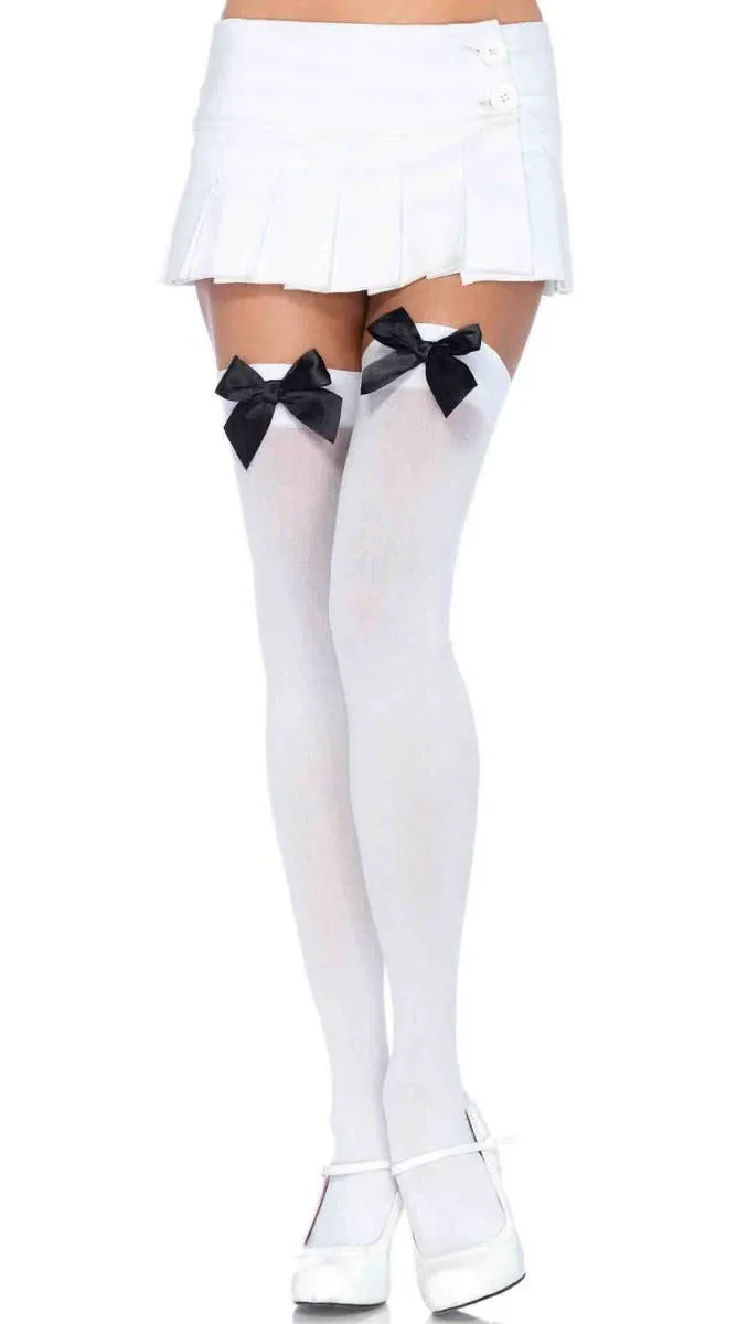 Thigh High White Opaque Stockings with Black Bows