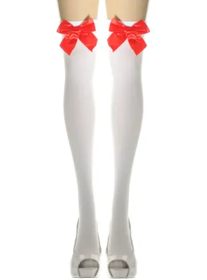 Thigh High White Opaque Stockings with Red Bows