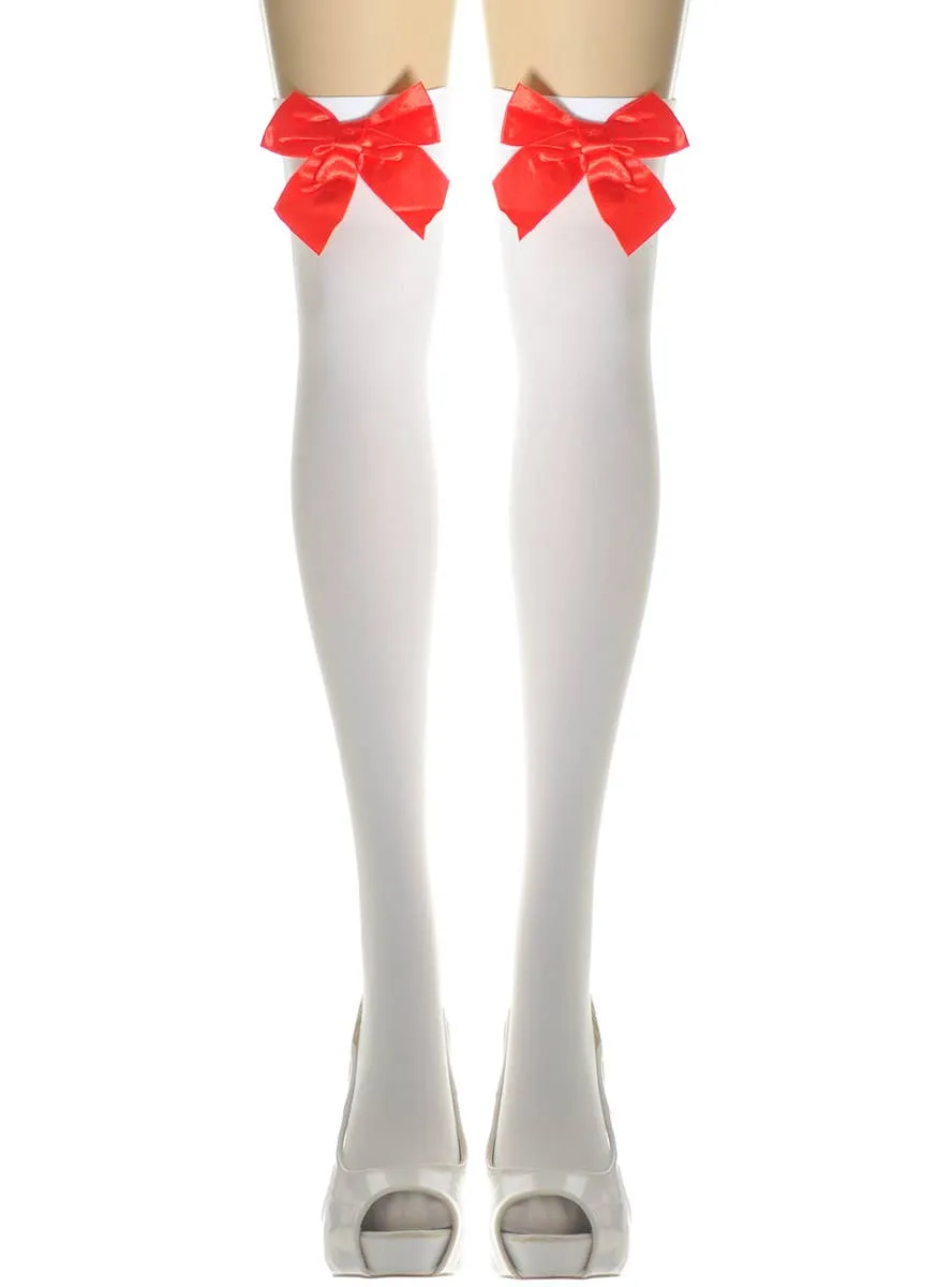 Thigh High White Opaque Stockings with Red Bows