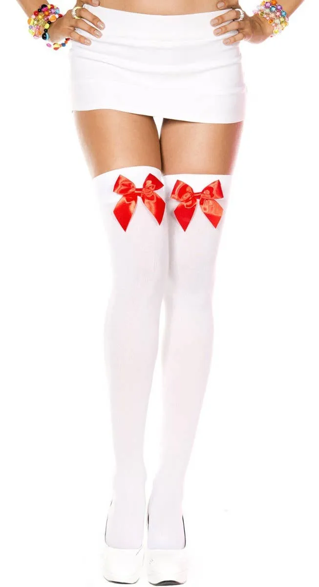 Thigh High White Stockings with Red Satin Bows