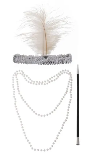 Three Piece White 1920s Flapper Accessory Kit