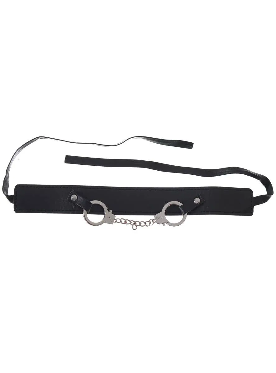 Tie Up Black Neck Choker with Silver Handcuffs and Chain