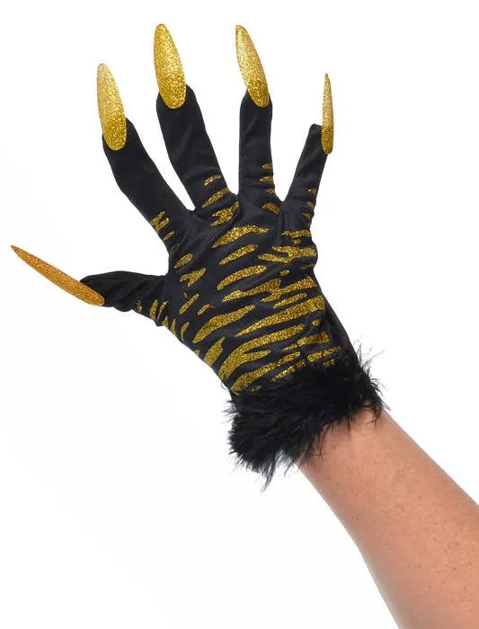 Tiger Print Gold Glitter Gloves with Claws