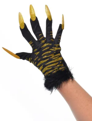 Tiger Print Gold Glitter Gloves with Claws