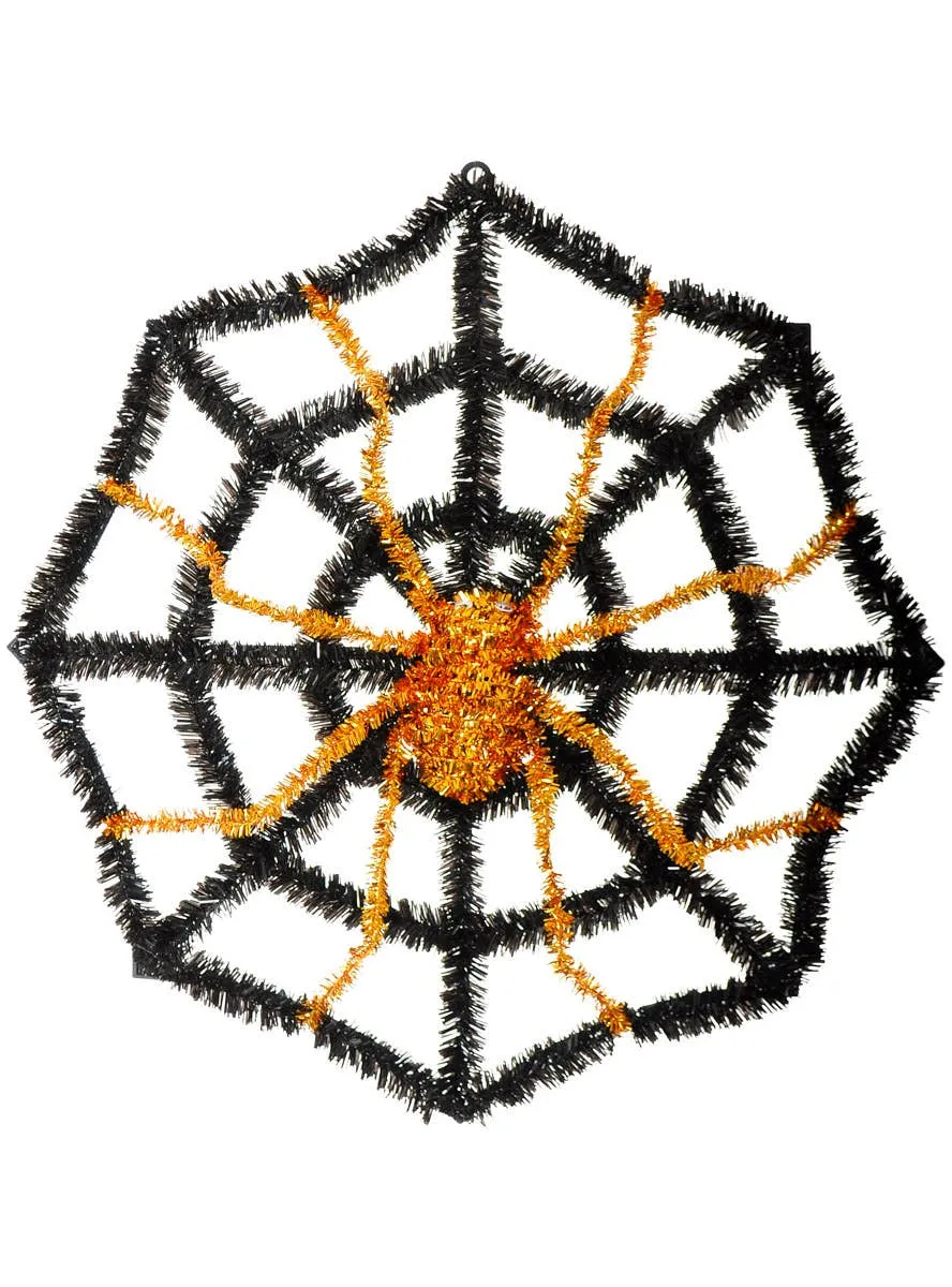 Tinsel Black and Orange Spiderweb Halloween Decoration