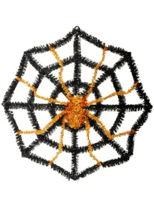 Tinsel Black and Orange Spiderweb Halloween Decoration