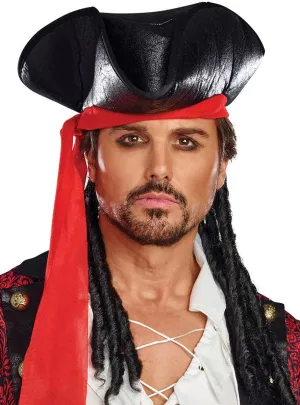 Tricorn Mens Deluxe Black Pirate Costume Hat with Dreadlocks