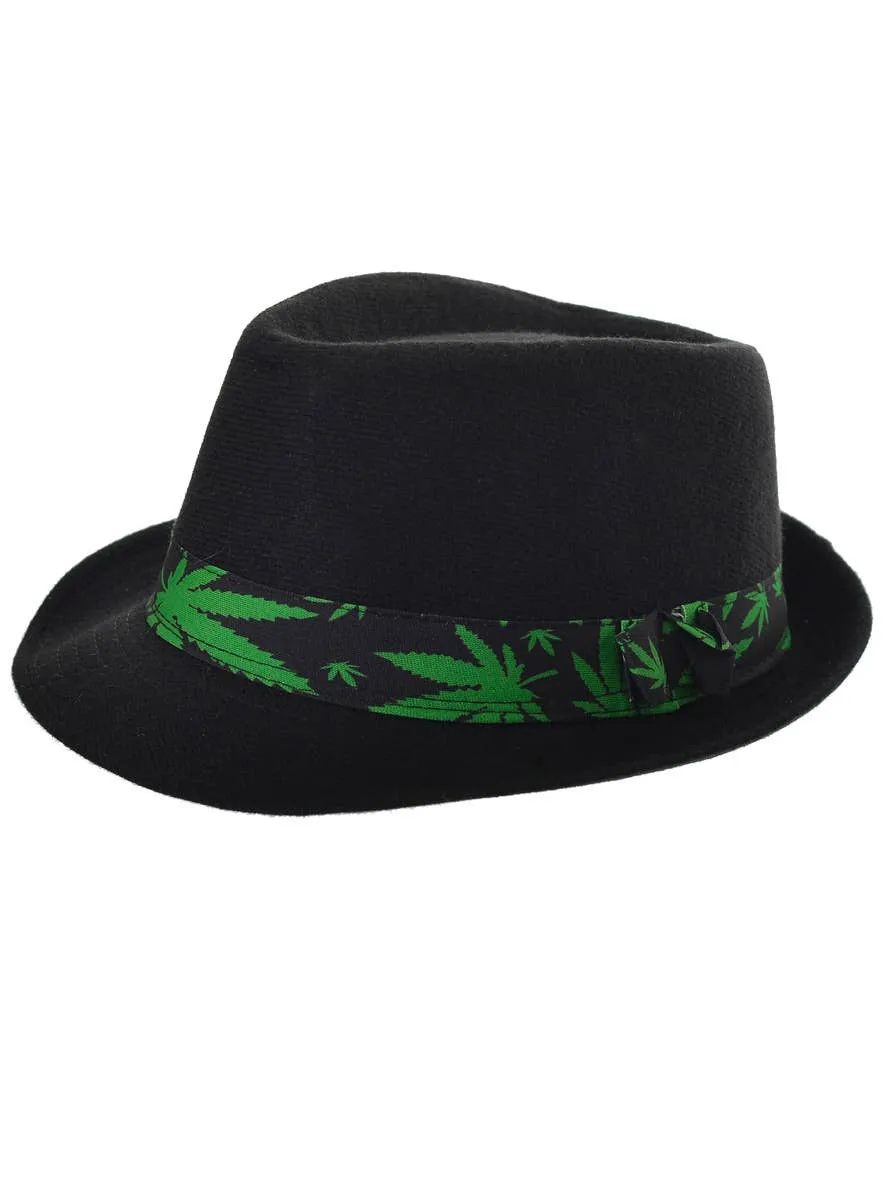 Trippy Black Fedora Hat with Marijuana Leaf Band