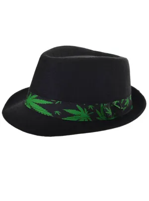 Trippy Black Fedora Hat with Marijuana Leaf Band