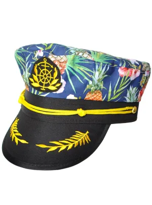 Tropical Pineapple Hawaiian Print Navy Captain Costume Hat