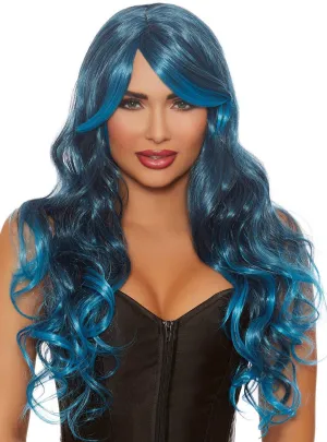 Two Toned Blue Womens Long Wavy Costume Wig with Side Fringe