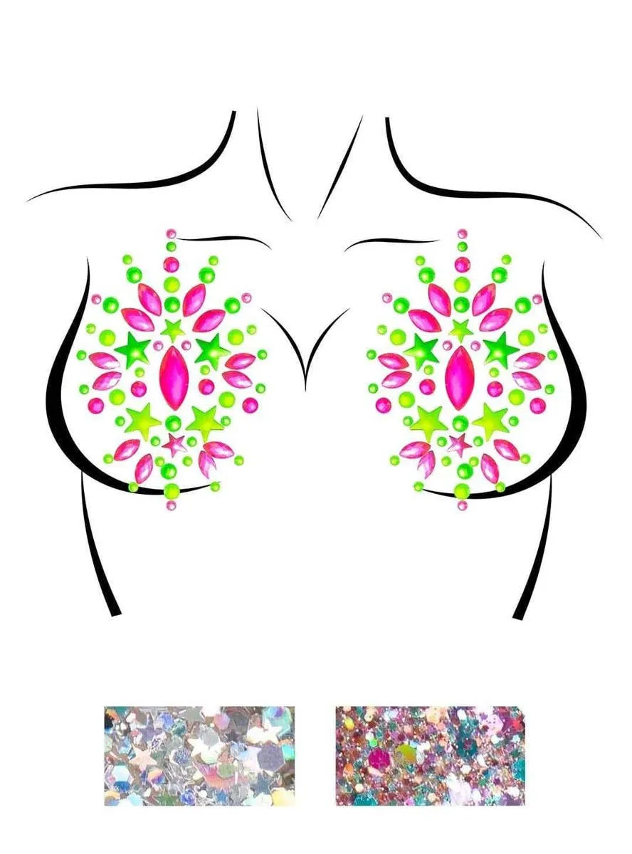 UV Reactive Pink and Green Bust Jewels and Glitter Pack