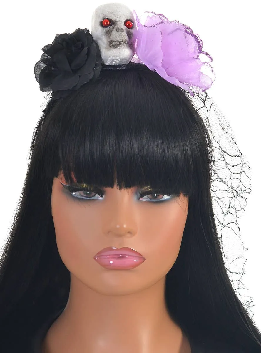 Veiled Black and Purple Rose and Skull Halloween Headband