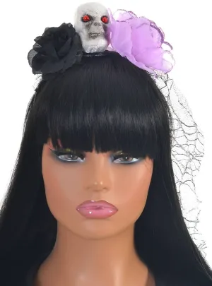 Veiled Black and Purple Rose and Skull Halloween Headband