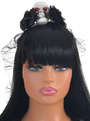 Veiled Black Rose and Skull Halloween Costume Headband