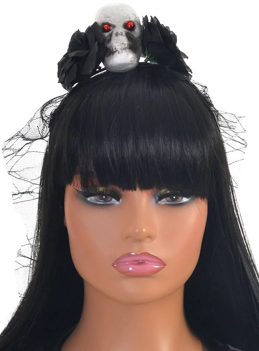 Veiled Black Rose and Skull Halloween Costume Headband