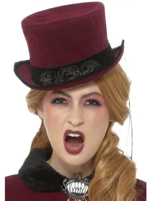 Veiled Burgundy Victorian Vampire Top Hat