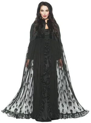 Velvet and Lace Womens Black Skull Costume Cape