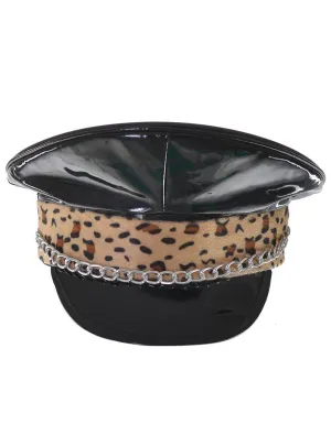 Velvet Leopard Print and Black Vinyl Deluxe Festival Biker Hat