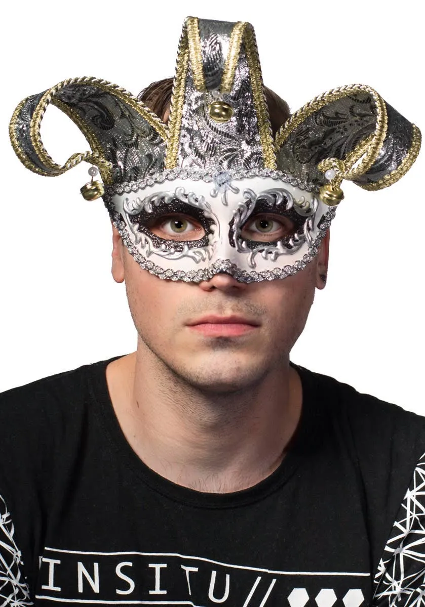 Venetian Jester Silver and White Masquerade Mask
