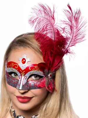 Venetian Side Feather Red Masquerade Mask