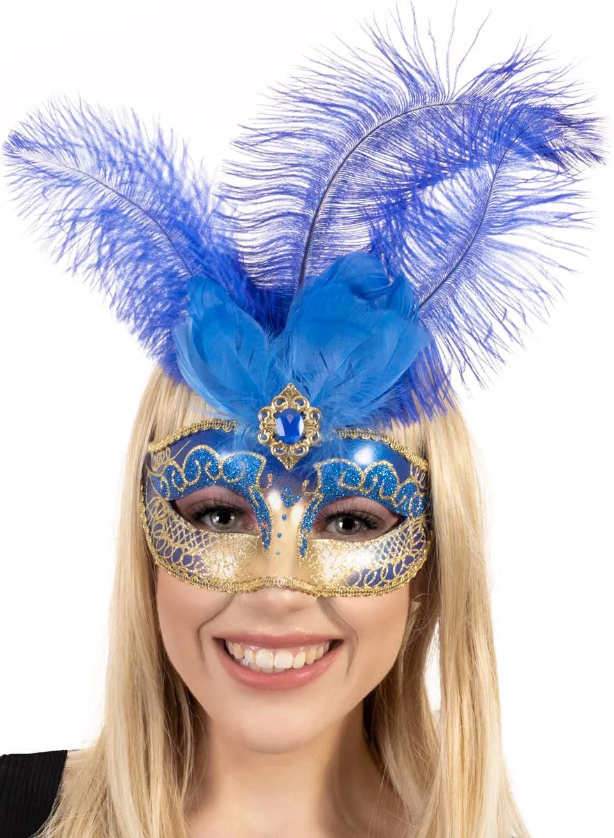 Victorian Blue and Gold Womens Masquerade Mask with Feathers
