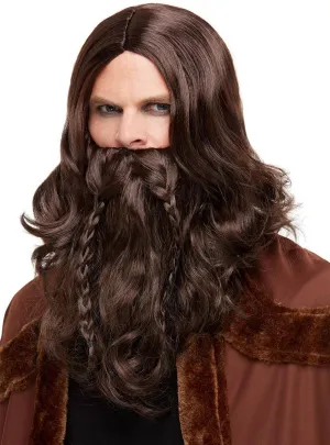 Viking Barbarian Mens Long Brown Costume Wig and Beard Set