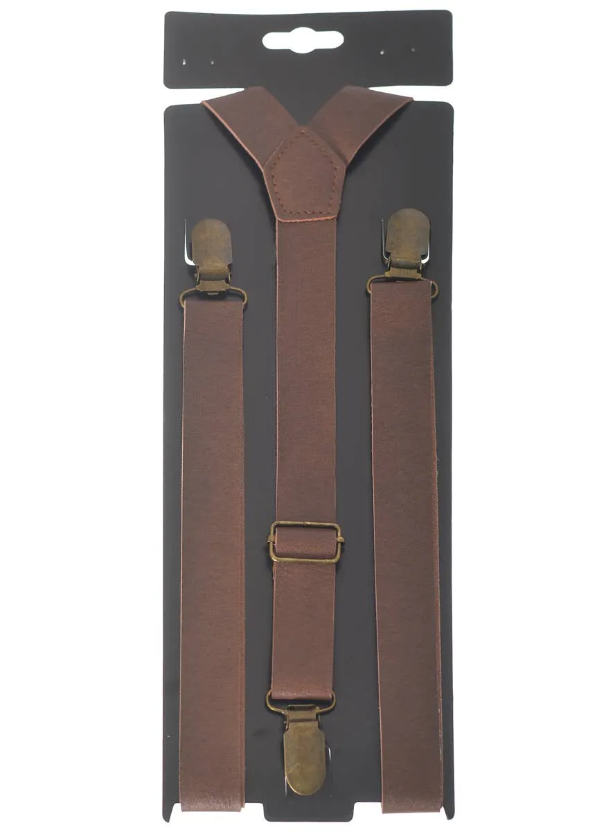 Vintage Brown Leather Look Braces Costume Accessory