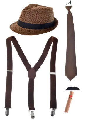 Vintage Look Brown Gangster Costume Accessory Set