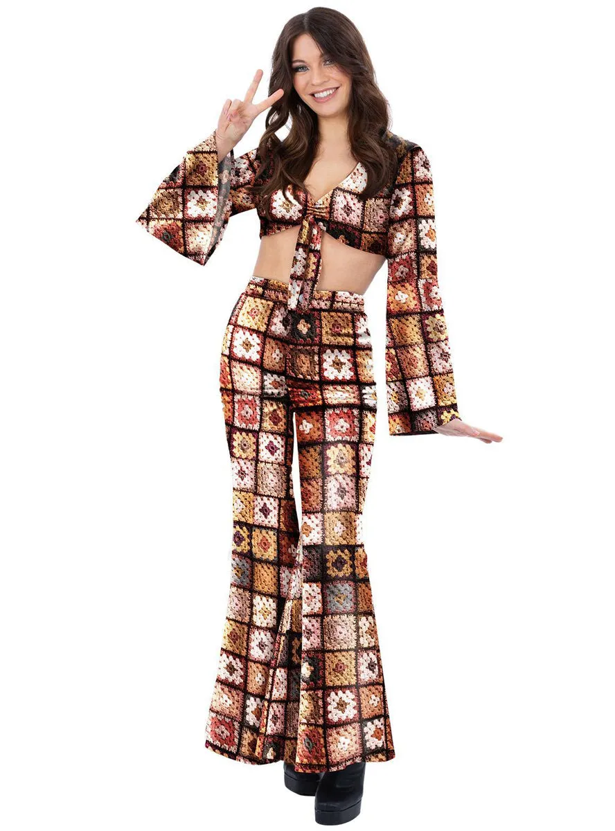 Vintage Womens Brown Crochet Look 60s Costume