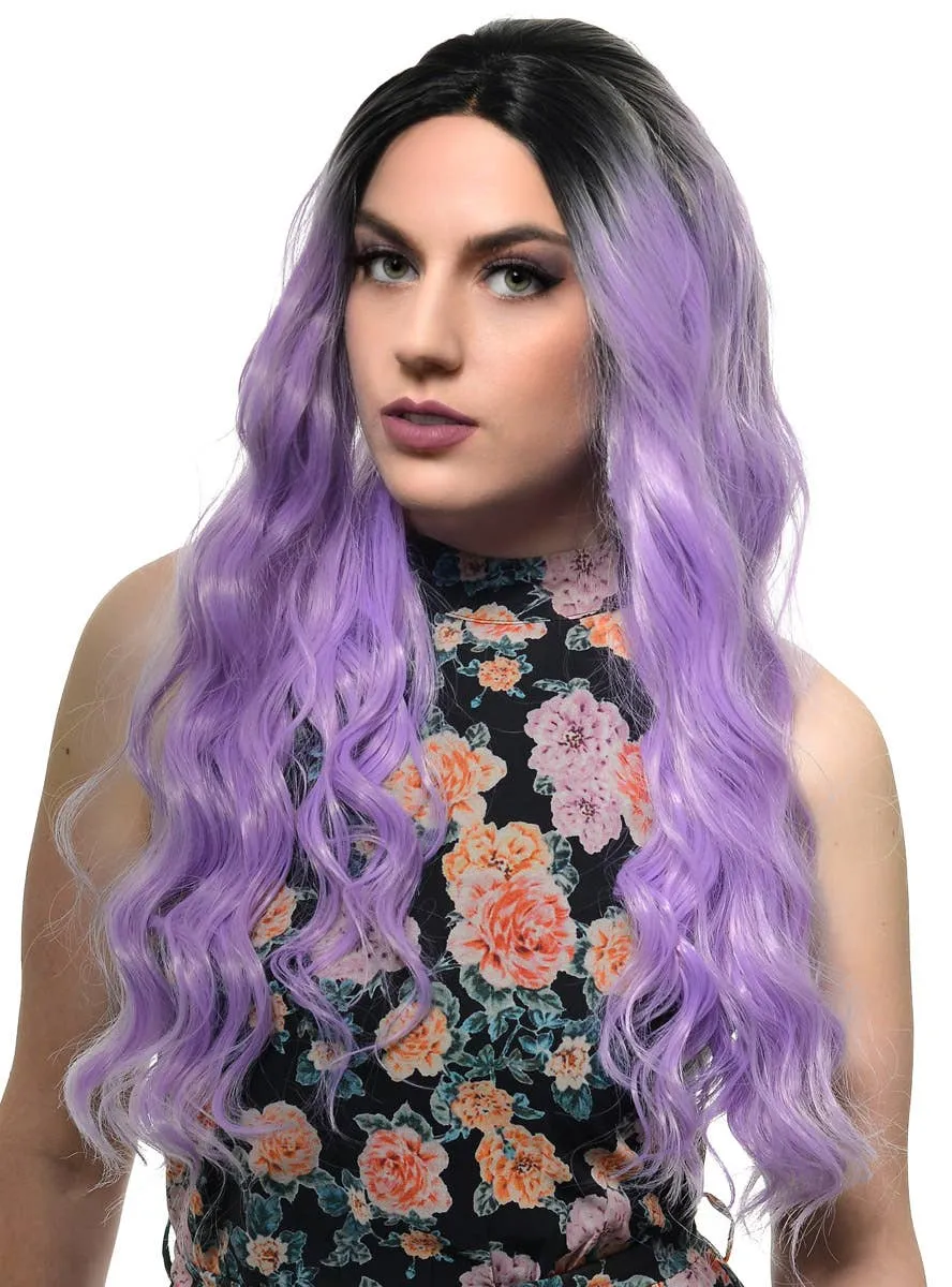 Violet Long Wavy Rooted Lace Front Synthetic Fashion Wig