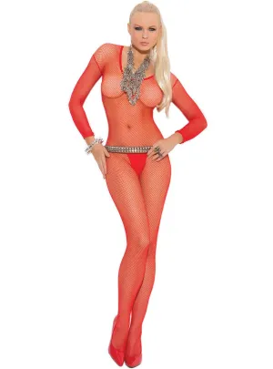 Vivacious Womens Long Sleeve Red Fishnet Bodystocking