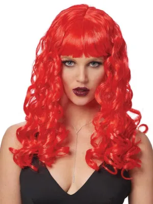 Vixen Womens Long Curly Neon Red Costume Wig
