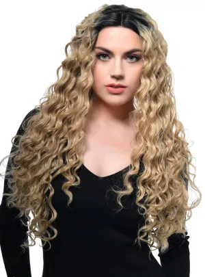 Warm Blonde Rooted Long Spiral Curl Lace Front Fashion Wig