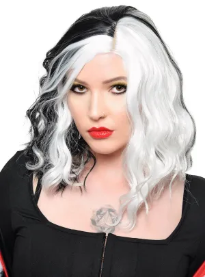 Wavy Black and White Mid-Length Costume Wig with Skin Part