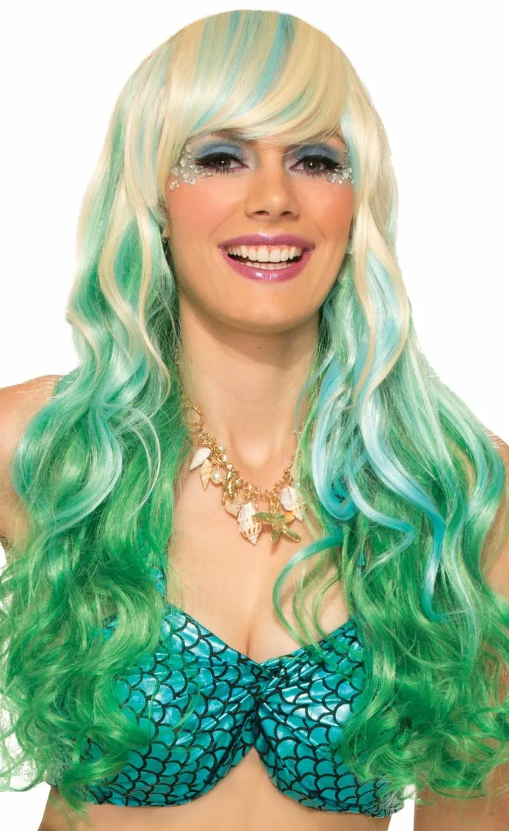Wavy Green and Blonde Womens Ombre Mermaid Costume Wig