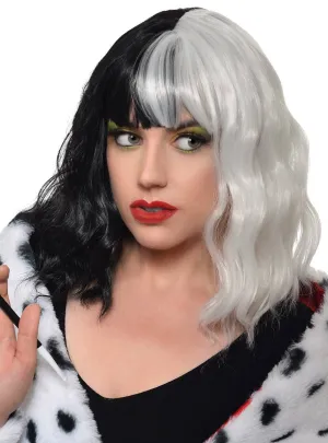 Wavy Mid-Length Black and White Cruella Costume Wig with Fringe