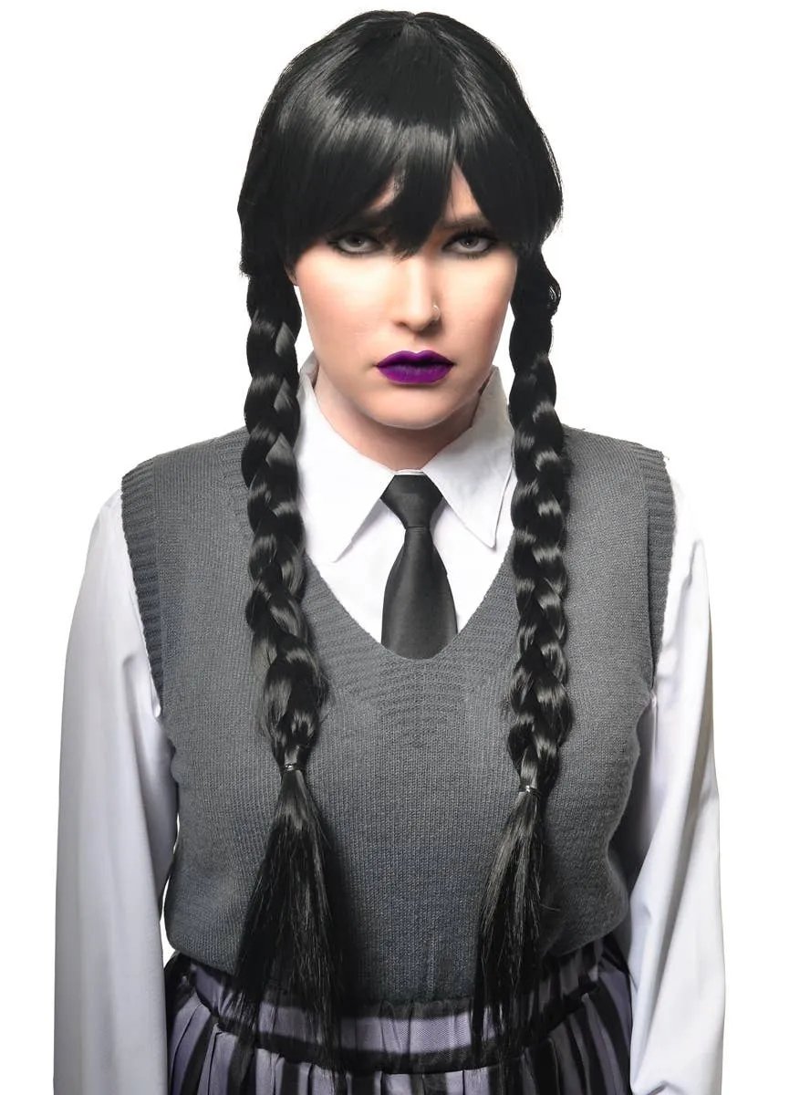 Wednesday Black Braided Womens Halloween Wig with Bangs