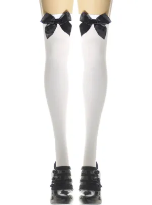 White Opaque Thigh High Stockings with Black Bows