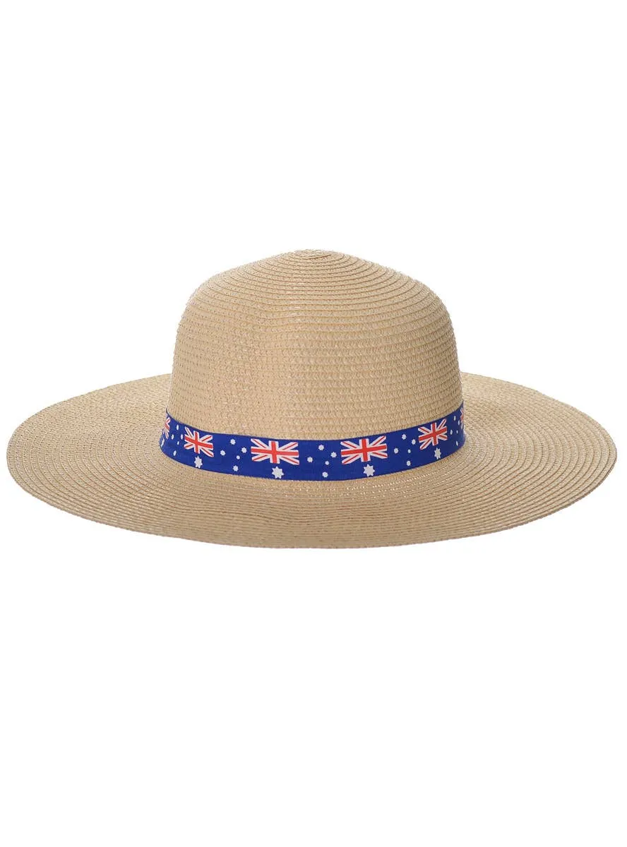 Wide Brimmed Beige Straw Aussie Flag Australia Day Hat