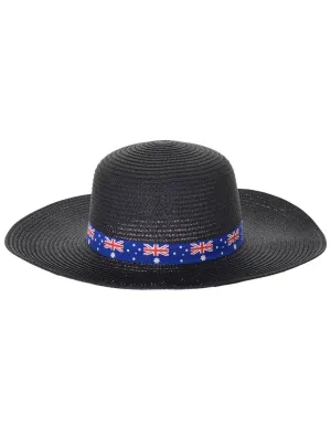Wide Brimmed Black Straw Aussie Flag Australia Day Hat