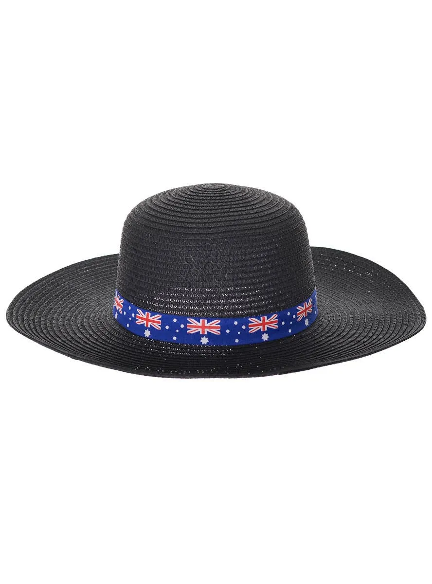 Wide Brimmed Black Straw Aussie Flag Australia Day Hat