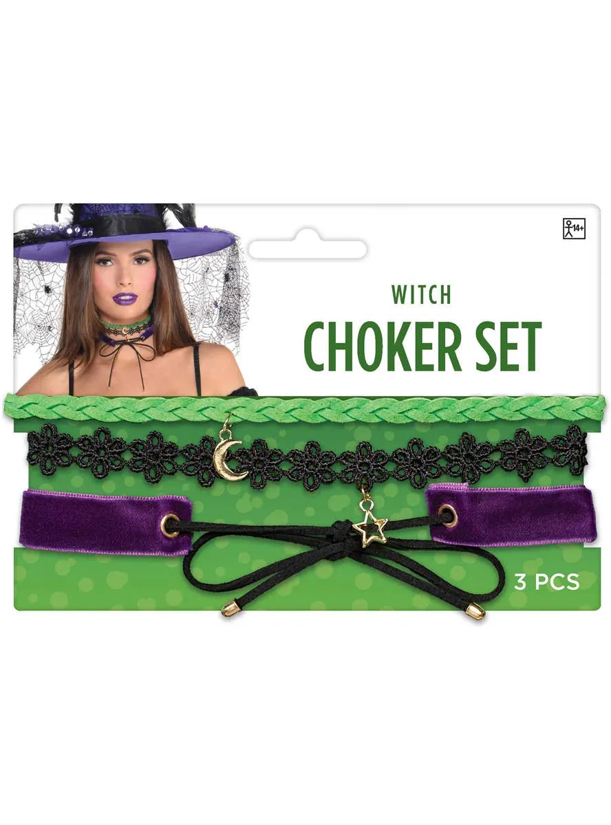 Witch 3 Piece Purple and Green Choker Necklace Set