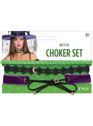 Witch 3 Piece Purple and Green Choker Necklace Set