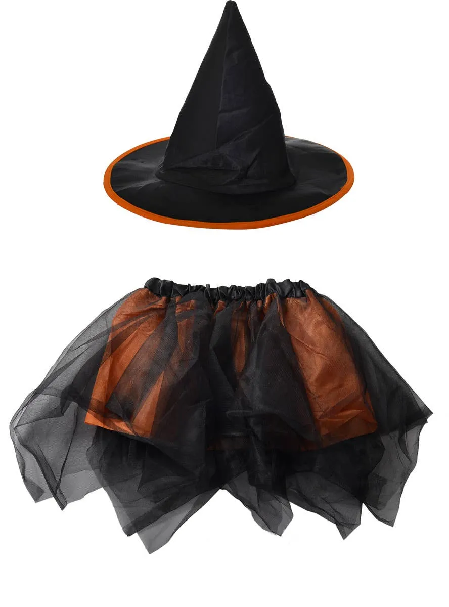 Witch Girls Black and Orange Halloween Hat and Tutu Set