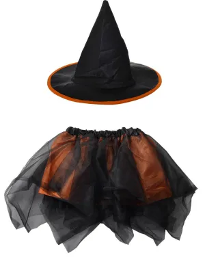 Witch Girls Black and Orange Halloween Hat and Tutu Set