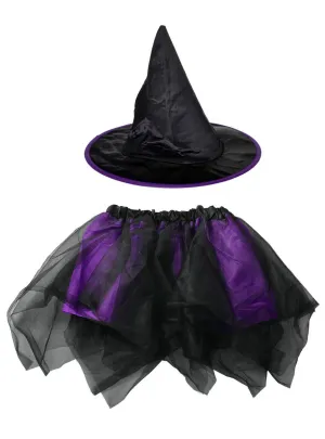 Witch Girls Black and Purple Halloween Hat and Tutu Set