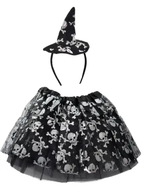 Witch Girls Skull Tutu and Headband Halloween Set