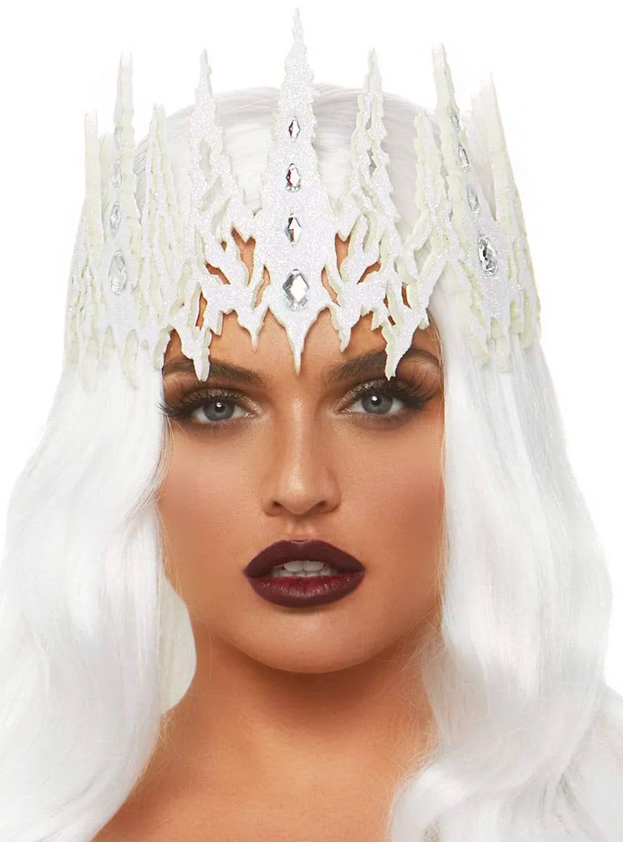 Womens White Queen Glittery Jewelled Costume Crown